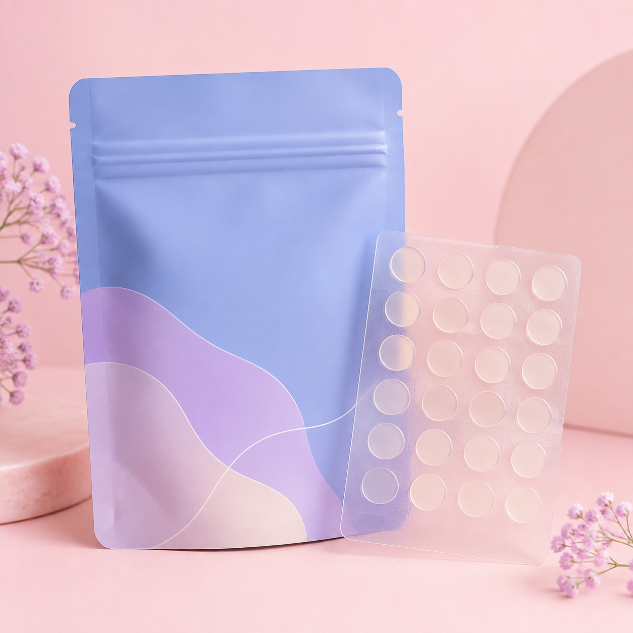 Illustration of hydrocolloid acne patches and packet