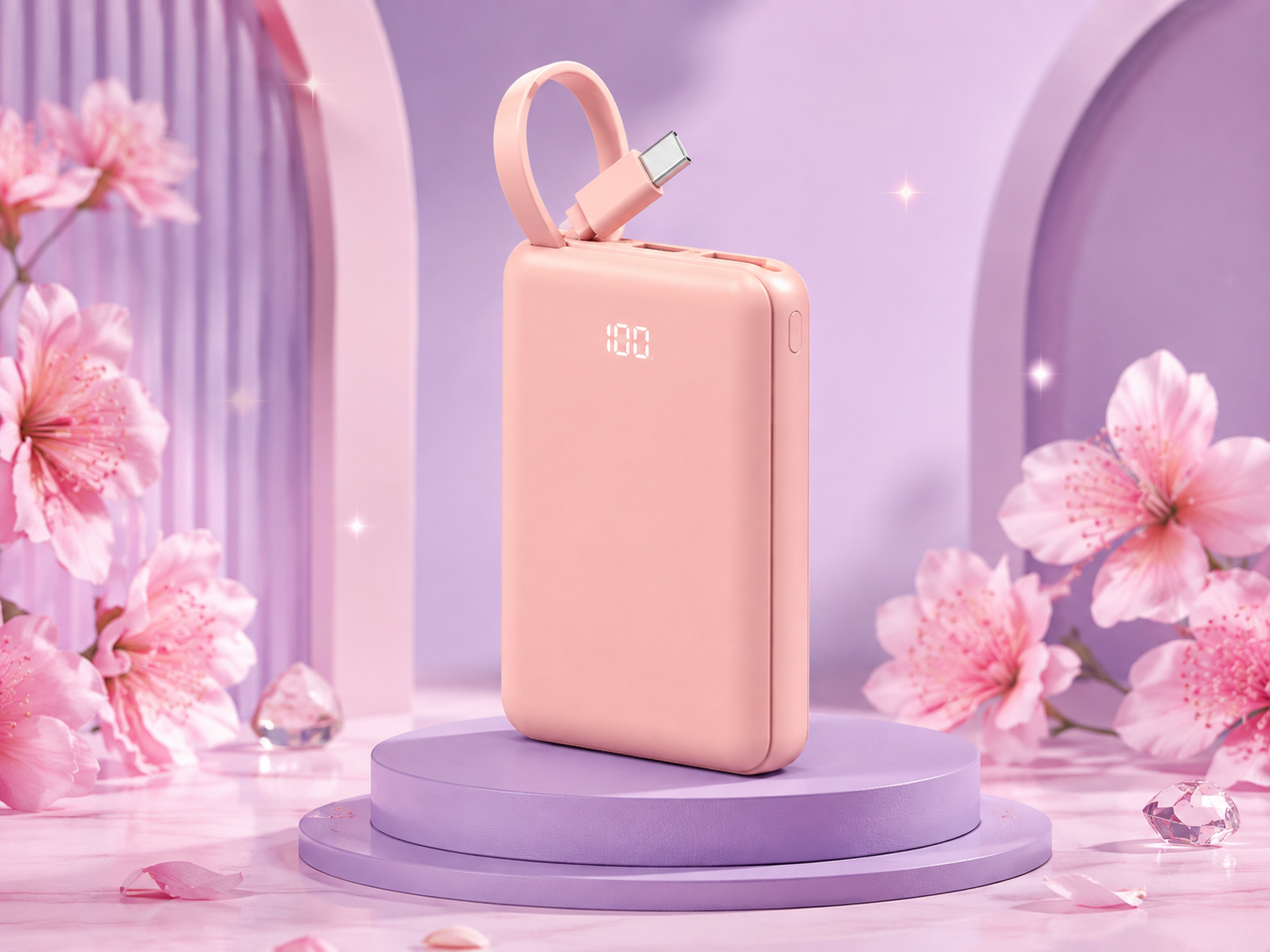 Illustration of a pink portable power bank with its built-in USB-C cable