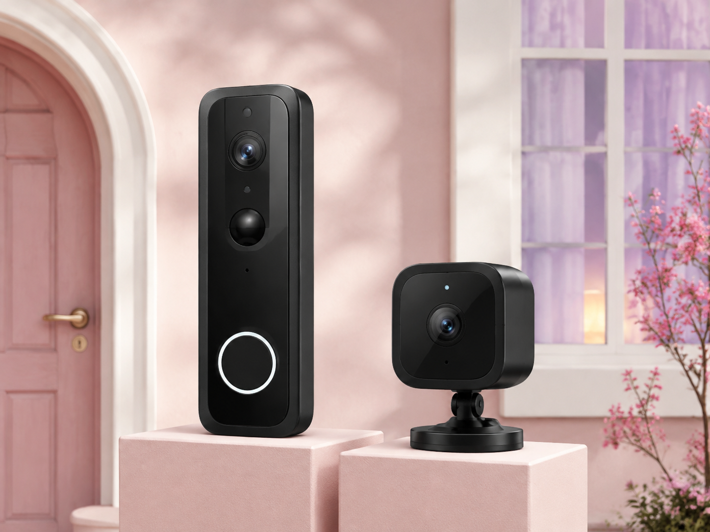 Illustration of a wireless video doorbell and outdoor security camera
