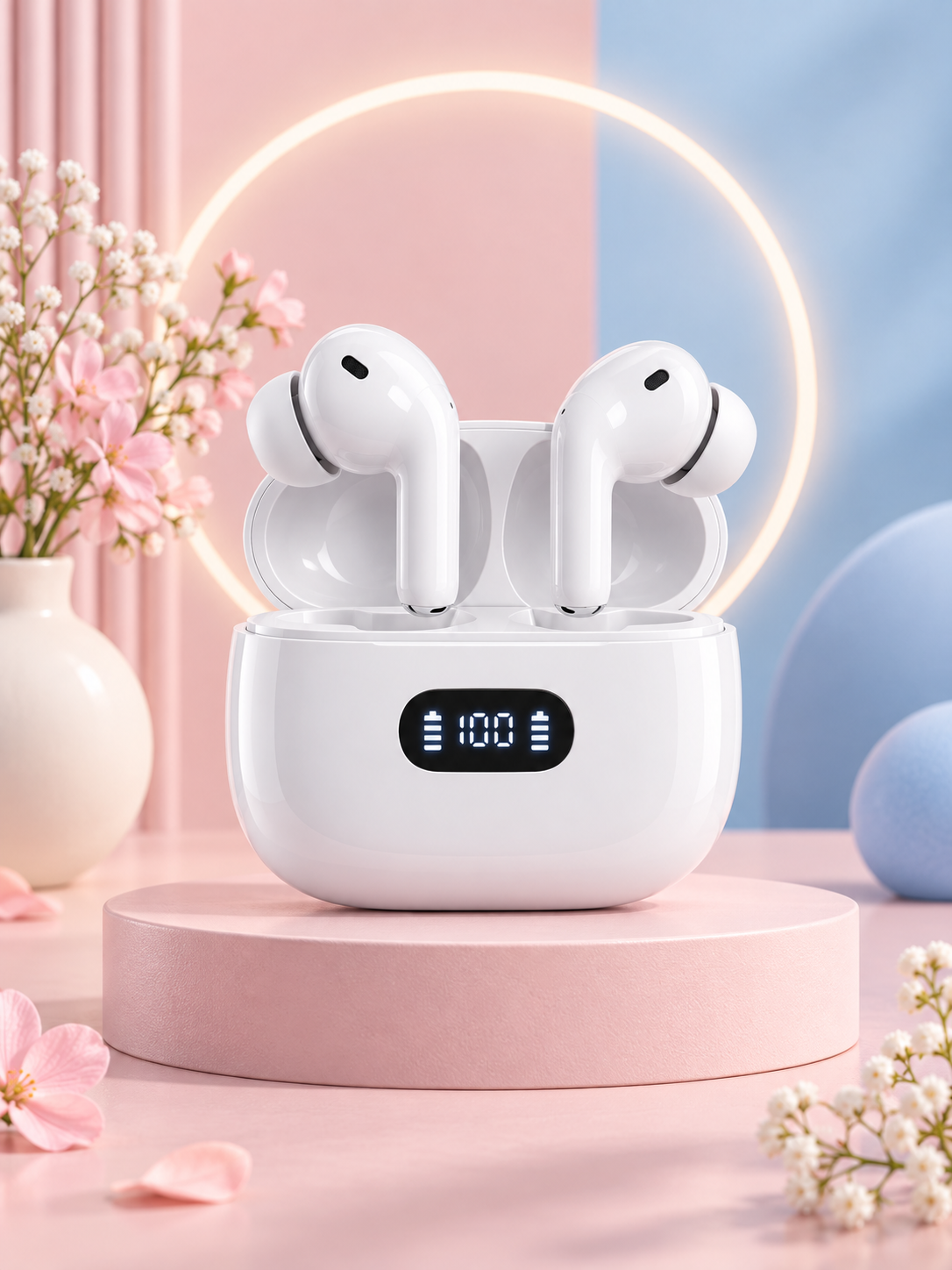 White true wireless earbuds with charging case