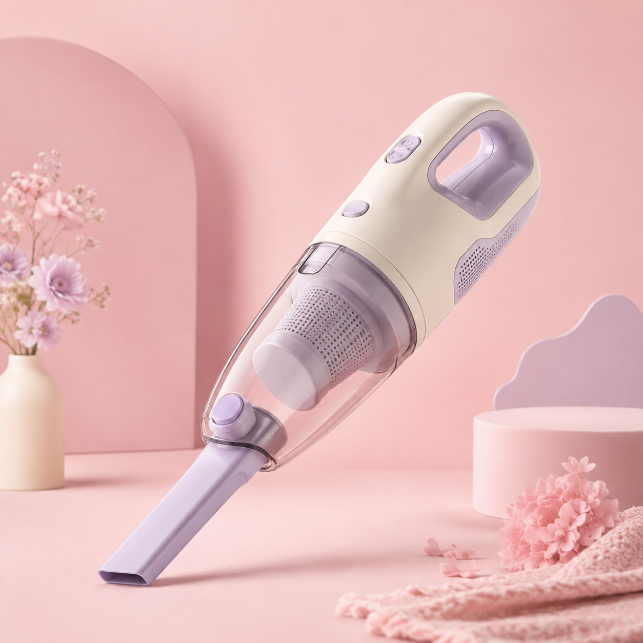 Illustration of a cordless handheld vacuum with nozzle and filters