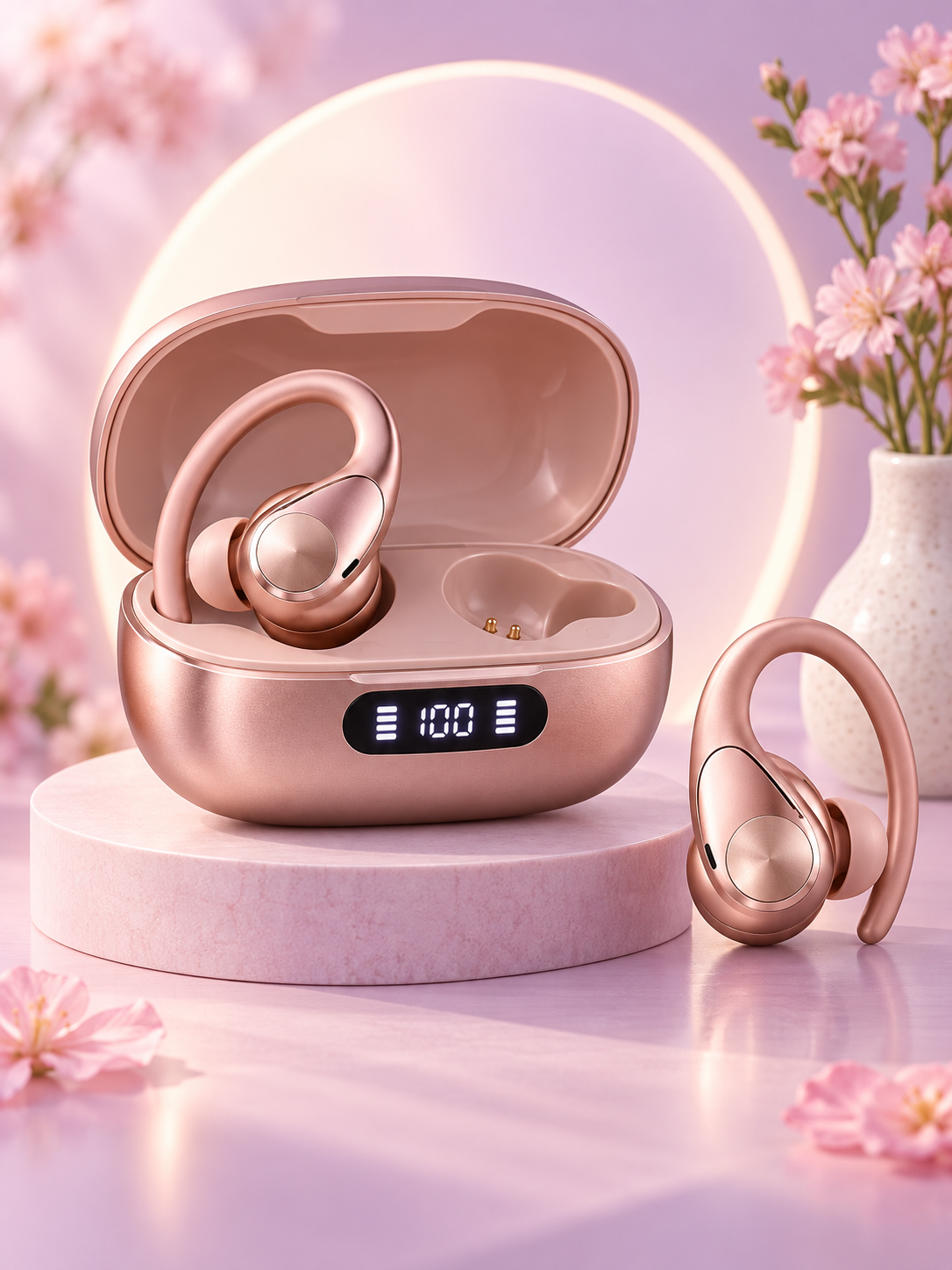 Rose-gold sports wireless earbuds with charging case