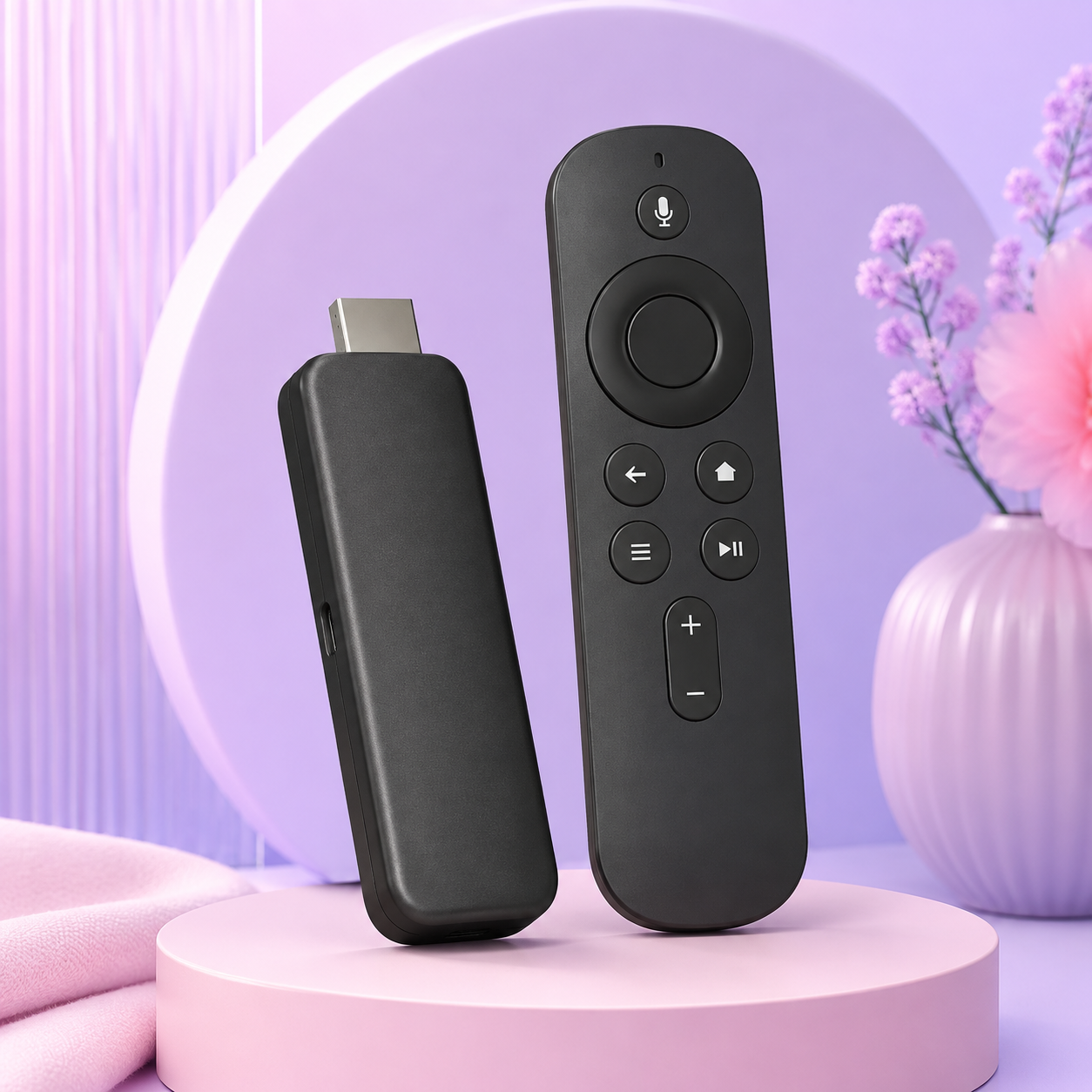 Illustration of a compact HD streaming stick and voice remote